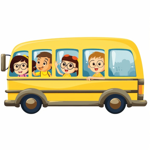 写真 イラスト: 学校のバスに乗った子供たち
