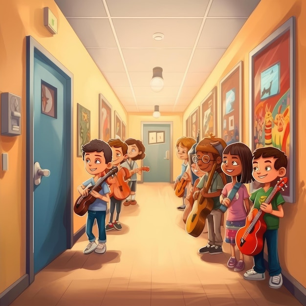 Illustration of children's cartoons in a fun classroom cartoon