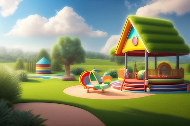 Photo illustration of a children's playground in 3 d style