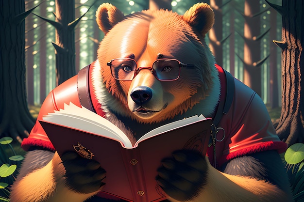 an illustration for a children's story about a brown bear in a red jacket and glasses reading a book