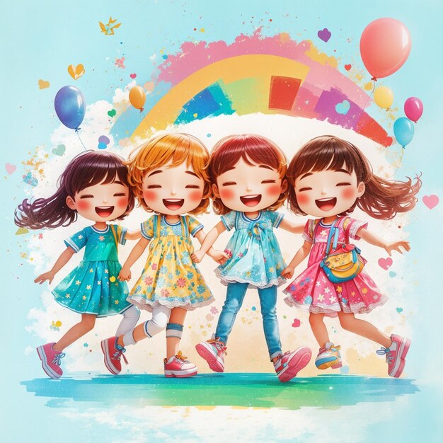 Иллюстрация детей, стоящих на фоне радуги Международного дня дружбы, сгенерированная ИИ