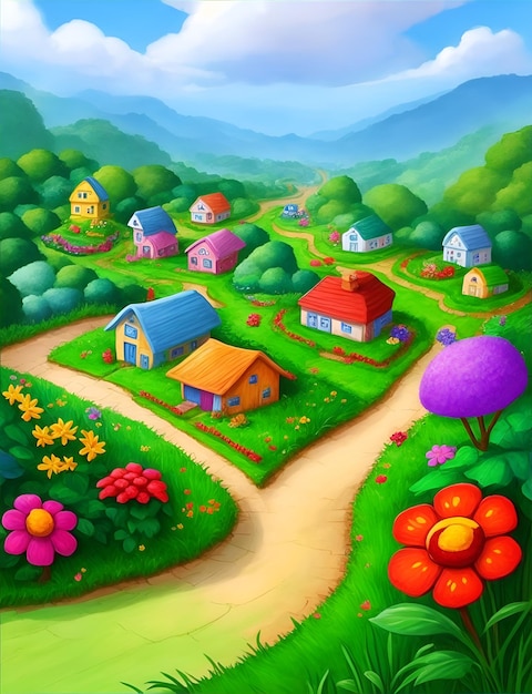 Illustration for children039s book Neighborhood with a dirt road in the middle