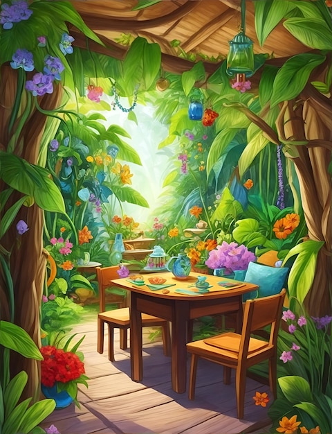 Иллюстрация для детской книги 039s Деревянный стол посреди хижины в лесу