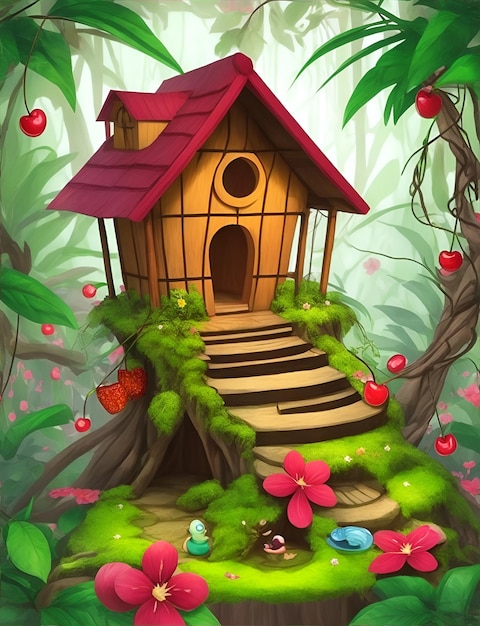 Illustration for children039s fantasy book Wooden house in the forest