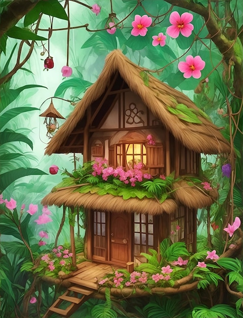 Illustration for children039s fantasy book Wooden house in the forest