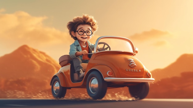 Illustration for a children39s book of a smiling child driving the mini car Generative AI