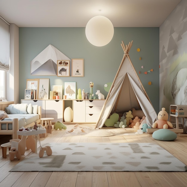 иллюстрация детской игровой комнаты в скандинавском минималистском стиле