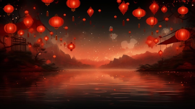 Illustration of Chinese lanterns over water midautumn day in China 1