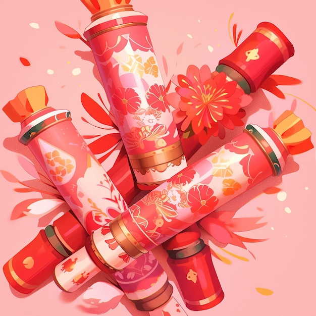 illustration Chinese New Year firecrackers in pink