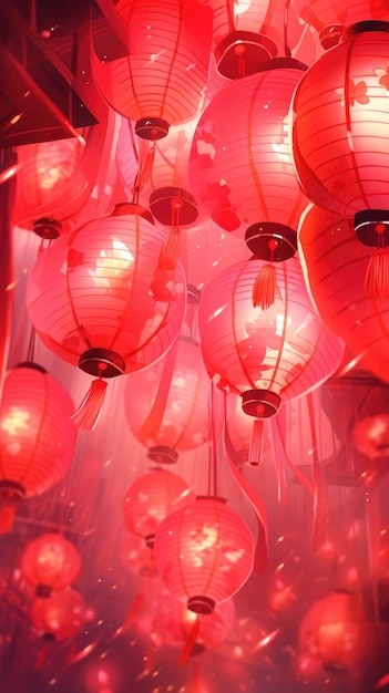 иллюстрация китайский новый год фонарь фейерверки в розовом