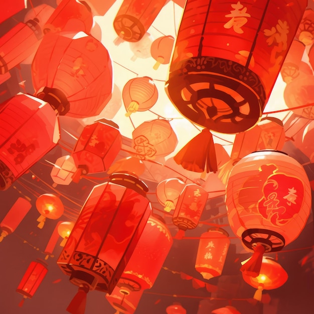 Illustration chinese new year lantern firecrackers in red