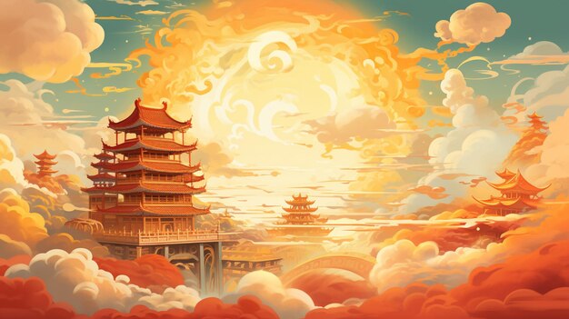 Illustration of a chinese pagoda in the clouds with a full moon generative ai