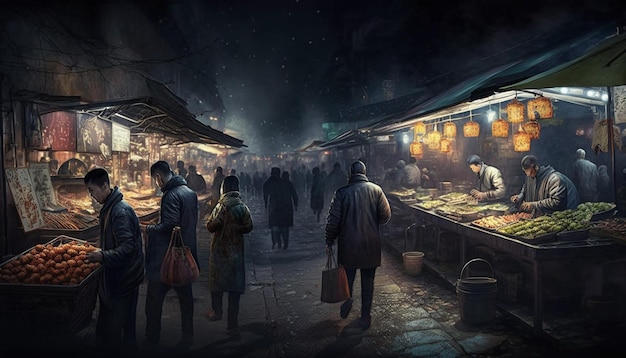 Иллюстрация китайского уличного рынка ночью