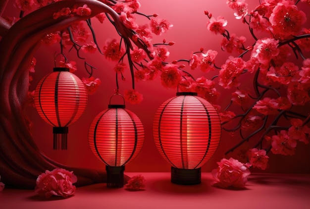 Иллюстрация в китайском стиле элегантных китайских фонариков с цветущей вишней на красном фоне Generative AI
