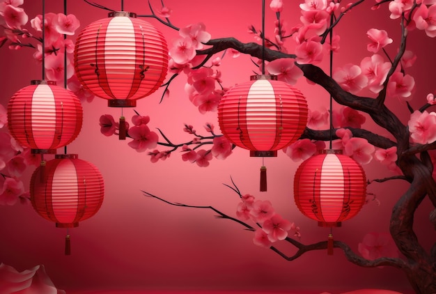 Illustration in the Chinese style of elegant Chinese lanterns with cherry blossoms on a red background Generative AI