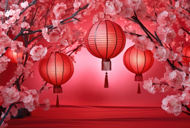 Иллюстрация в китайском стиле элегантных китайских фонариков с цветущей вишней на красном фоне Generative AI