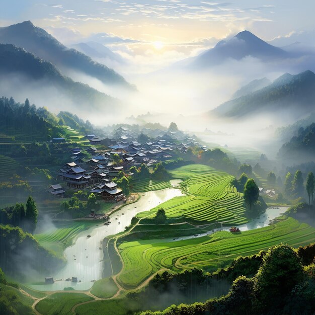 illustration of Chinese terraced fields sparkling water misty mounta