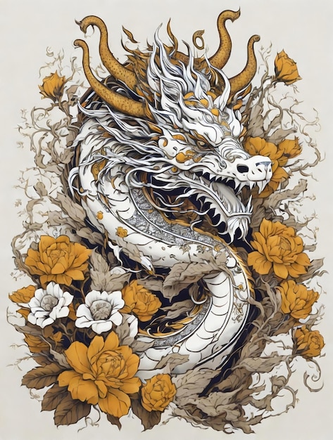 illustration of a Chinese traditional dragon with flowers