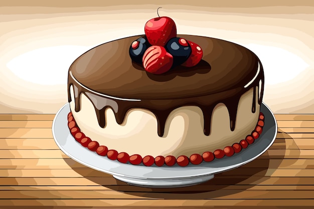 Иллюстрация шоколадного торта с вишней и глазурью из темного шоколада на день рождения деревянного стола