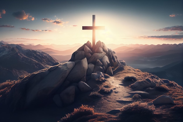 Illustration of Christian cross appears bright in the sky background AI