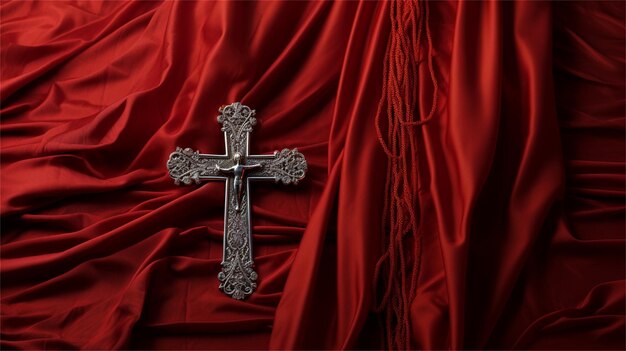 Photo illustration of a christian cross with a chain on a red background