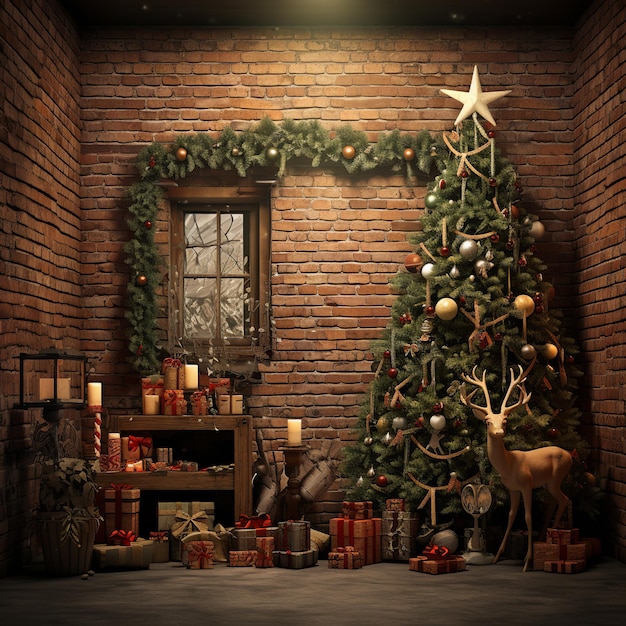 illustration of Christmas New Year interior with red brick wall back