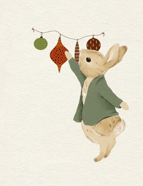 Photo an illustration of a christmas rabbit in the classic christmas colors red and green