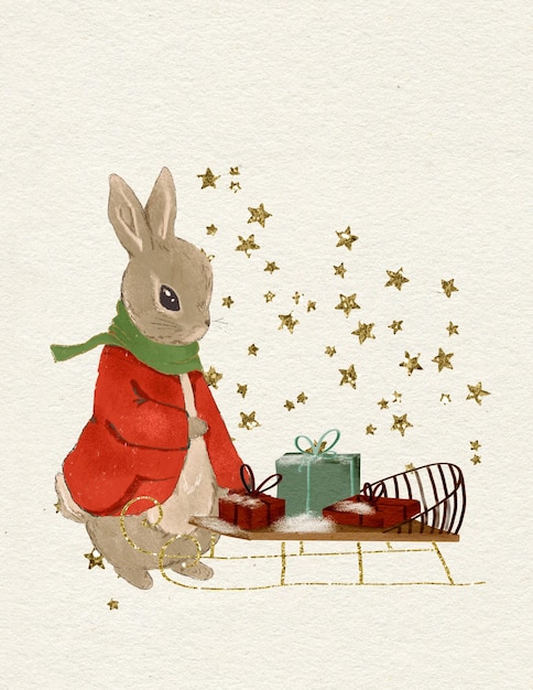 An illustration of a Christmas rabbit in the classic Christmas colors red and green