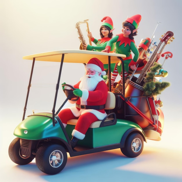 Photo illustration christmas santa claus in a golf cart with elves in the back carrying instruments