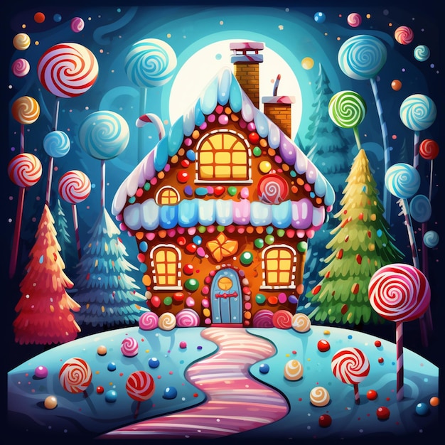 illustration of a christmas scene with a ginger house and trees generative ai