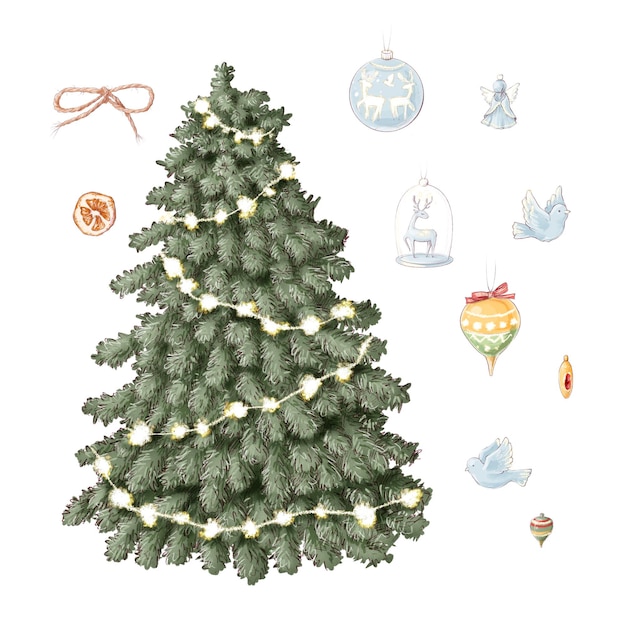 Illustration Christmas set of fir tree and decorations