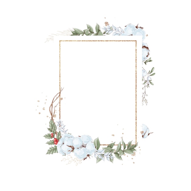 Illustration Christmas set golden frame of winter flowers poinsettia cotton and orange