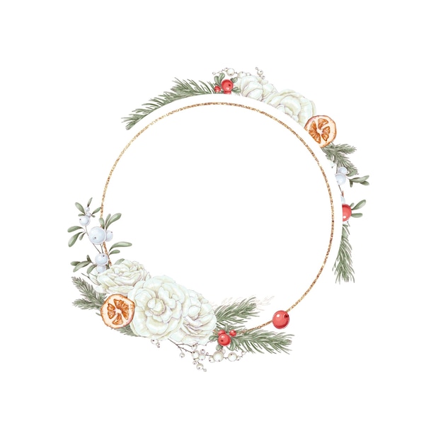 Illustration Christmas set golden frame of winter flowers poinsettia cotton and orange