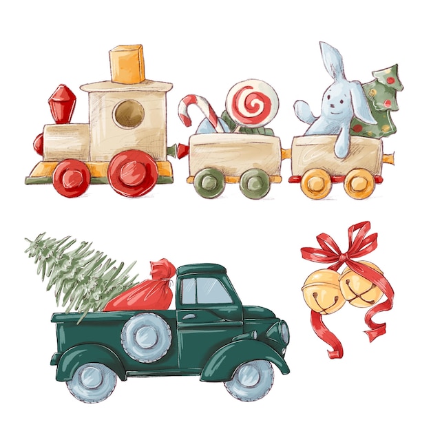 Photo illustration christmas set of vintage toys