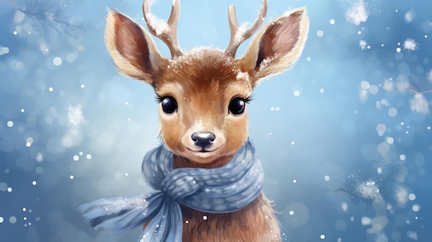 Illustration Christmas winter deer on winter blue background. Place for text, copyspace. High quality photo