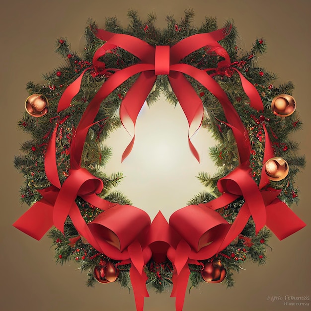 illustration of Christmas wreath with red ribbon.