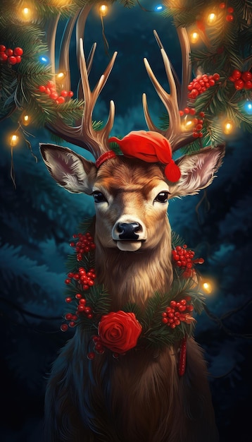 Illustration of Christmast deer in flower and lights garland