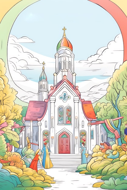 An illustration of a church surrounded by trees