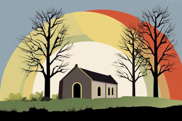 an illustration of a church with trees and a rainbow