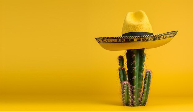 Illustration for cinco de mayo cactus wearing a mexican sombrero hat with copy space generative ai