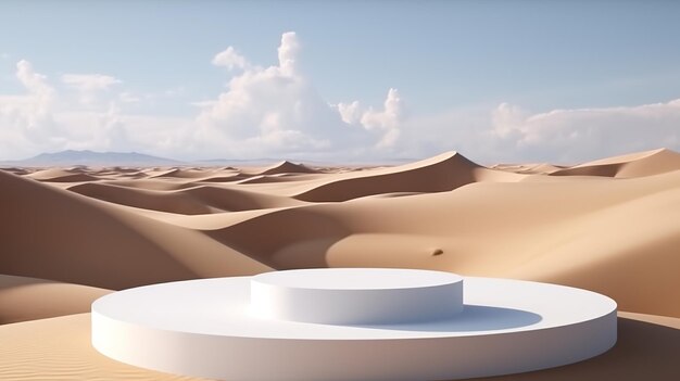 An illustration of a circular marble podium set against a backdrop of sand dunes