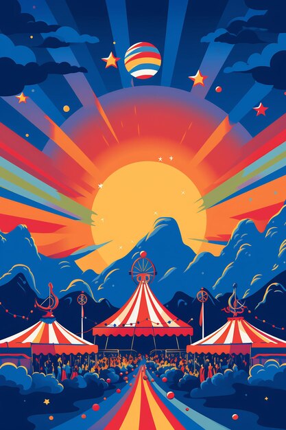 illustration of a circus tent with the sun behind it