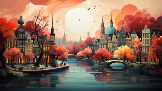 illustration of the city of amsterdam style Tracie Grimwood and Suminagashi