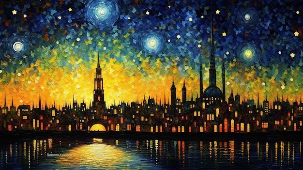 Illustration of the city of in the evening with lights and stars