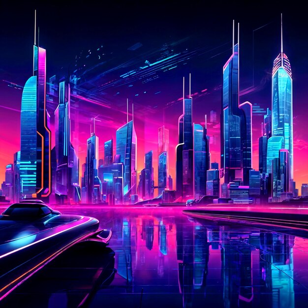 Illustration of a city in neon light Colorful modern city