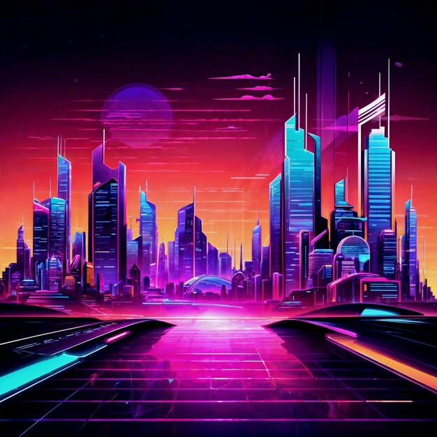 Illustration of a city in neon light Colorful modern city