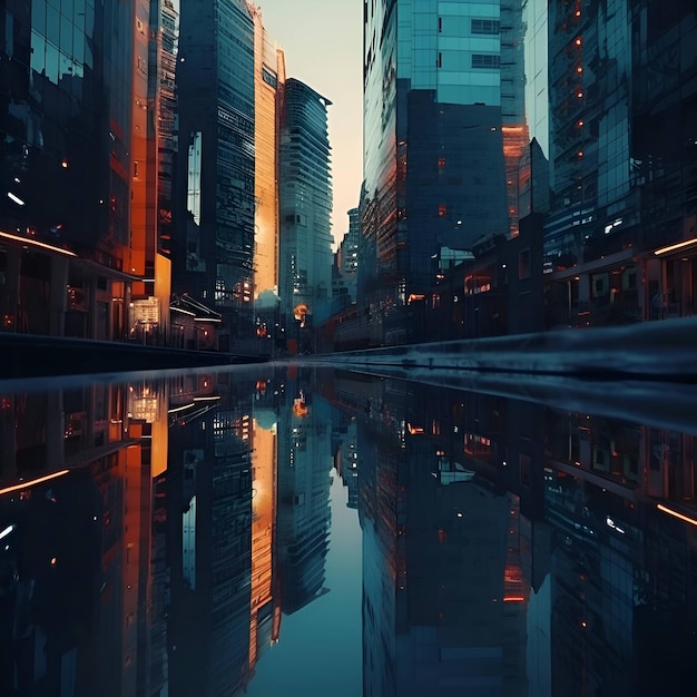 Illustration of a city at night with reflection in the water