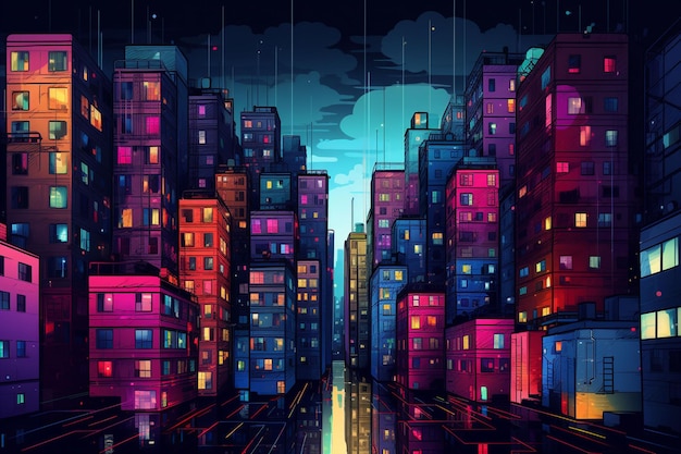 an illustration of a city at night