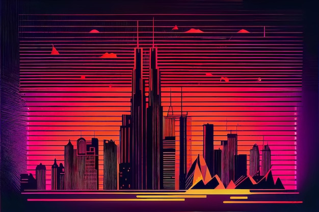 Illustration of city in retro 80 style neon colors AI