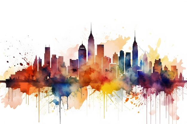 An illustration of a city skyline with bright colors in watercolor Generative AI